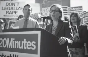  ?? PATRICK TEHAN/BAY AREA NEWS GROUP FILE PHOTOGRAPH ?? Recall campaign chair, Michele Dauber, addresses the media as recall supporters hold a rally near the Santa Clara County Hall of Justice in San Jose on Sept. 2, 2016.