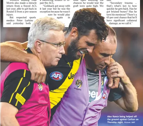  ?? Picture: AAP ?? Alex Rance being helped off the ground against Carlton on Thursday night.