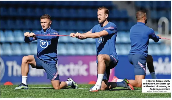  ?? Michael Regan/Getty Images ?? > Kieran Trippier, left, and Harry Kane warm-up at the start of training in Andorra yesterday