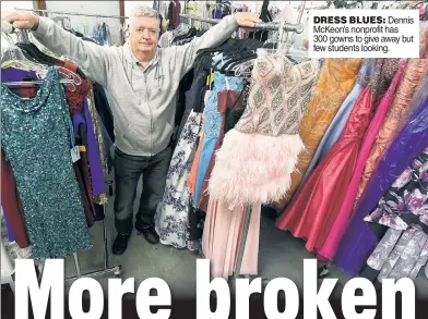  ??  ?? DRESS BLUES: Dennis McKeon’s nonprofit has 300 gowns to give away but few students looking.