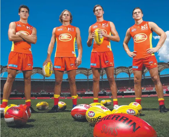  ?? Picture: ADAM HEAD ?? Gold Coast Suns first-round draftees (from left) Jack Bowes, Will Brodie, Jack Scrimshaw and Ben Ainsworth have all extended their time at the club.