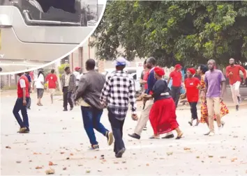  ??  ?? This picture collage captures the violence that erupted at MDC-T Bulawayo provincial offices yesterday