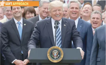  ?? — Reuters ?? US President Donald Trump celebrates with Republican House members after healthcare bill vote at the White House in Washington.