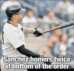  ?? AP ?? OFF THE SCHNEID: Gary Sanchez had just one home run in his past 23 games before belting a pair, including a grand slam, in Sunday’s 8-7 loss to the visiting Orioles.