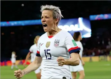  ?? AP PHOTO BY FRANCISCO SECO ?? United States’ Megan Rapinoe celebrates after scoring her side’s second goal during the Women’s World Cup quarterfin­al soccer match between France and the United States at the Parc des Princes, in Paris, Friday, June 28.