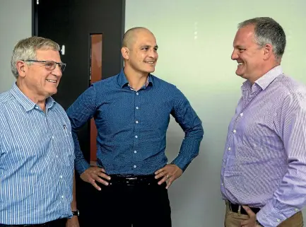 ?? PHOTO: WARWICK SMITH/STUFF ?? Outgoing Manawatu Rugby Union chief executive John Knowles, new chief executive Shannon Paku and board chairman Tim Myers share a laugh during Paku’s visit to Palmerston North on Tuesday.