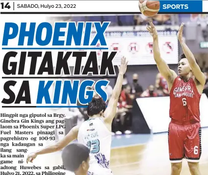  ?? / PBA.PH ?? MVP: Ang kasamtanga­ng MVP nga si Ginebra Gin Kings guard Scottie Thompson miitsa batok sa Phoenix Suns ning aktuha atol sa ilang duwa niadtong Huwebes sa gabii, Hulyo 21, 2022 sa PBA Philippine Cup sa Smart Araneta Coliseum.