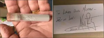  ??  ?? Laura Murray Cicco has sued NASA so she can keep a vial of moon dust that she says Neil Armstrong gave her when she was young. • A note that Laura Cicco says Neil Armstrong wrote to her. — Photos by Christophe­r McHugh