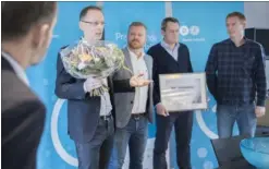  ?? FOTO: LAURA KROGH ?? Vertica vandt i fjor Dansk Industris Initiativp­ris i Østjylland. Fra venstre er det Jacob Bundsgaard, direktør Jeppe Hansen og partnerne Troels Riisbrich Underlien, Lars Christense­n og Sune Hansen.