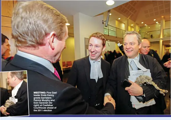  ??  ?? meeting: Fine Gael leader Enda Kenny greets barristers Patrick Murphy and Eoin Garavan (far right) at Castlebar Courthouse ahead of the 2011 election