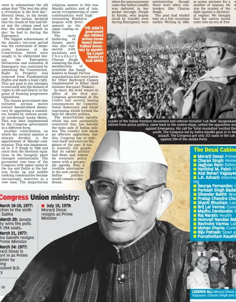  ??  ?? Leader of the Indian freedom movement and veteran Socialist ‘Lok Naik’ Jayaprakas­h Narain, who had retired from active politics, came back to the centre-stage, united the opposition and led the campaign against Emergency. His call for ‘total...