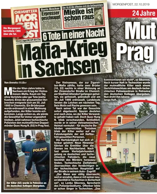  ??  ?? Die Morgenpost berichtete 1995 über die Tat. Der Killer (52) wurde in Petrovice an die deutschen Kollegen übergeben.