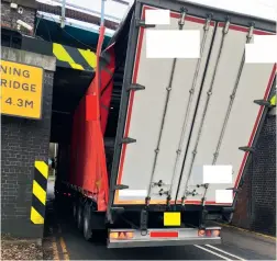  ??  ?? Bridge strikes, such as this one in Grantham, are a major concern for Network Rail in terms of safety and delays to rail services. The infrastruc­ture operator has relaunched its ‘Lorries Can’t Limbo’ campaign to highlight the issue with the drivers of HGVs and other large vehicles. (Network Rail)