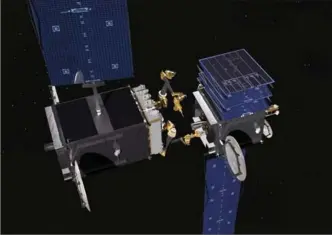  ?? COURTESY OF SSL ?? This artist’s rendering of the robotic arms that are being built for DARPA’s robotic satellite servicing program. The robotic servicer, on the left, prepares to use a tool to open a stuck solar array on a disabled satellite.