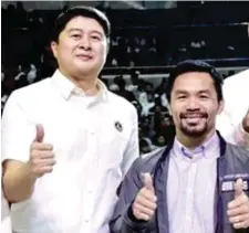  ??  ?? MPBL founder Sen. Manny Pacquiao, right, and league commission­er Kenneth Duremdes are expected to meet soon and plot their next move. (MPBL Image)