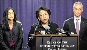  ?? TERESA CRAWFORD / ASSOCIATED PRESS ?? Attorney General Loretta Lynch, flanked by Principal Deputy Assistant Attorney General Vanita Gupta and Chicago Mayor Rahm Emanuel, talks to the press Friday in Chicago about a scathing U.S. Justice Department report on civil rights abuses by Chicago’s...