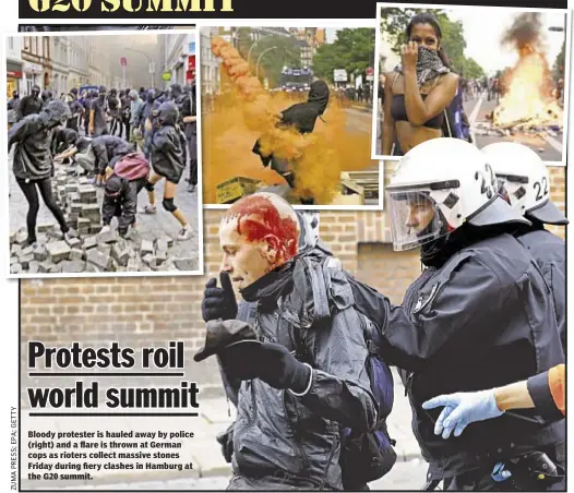  ??  ?? Bloody protester is hauled away by police (right) and a flare is thrown at German cops as rioters collect massive stones Friday during fiery clashes in Hamburg at the G20 summit.