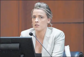  ?? Kevin Lamarque The Associated Press ?? Whitney Heard Henriquez testifies in court in Fairfax, Va., on Wednesday that she saw actor Johnny Depp assault his then-wife and her sister and actor Amber Heard in 2015.