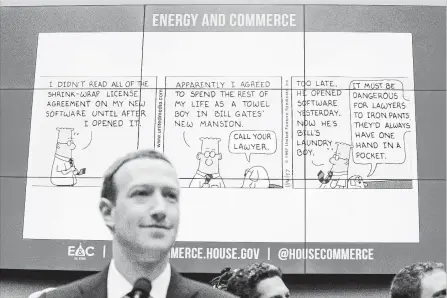  ?? ANDREW HARNIK THE ASSOCIATED PRESS ?? Facebook CEO Mark Zuckerberg is seen at a House Energy and Commerce hearing in Washington on Wednesday about the use of Facebook data.