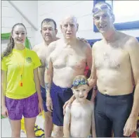  ??  ?? LEFT: Some people at the Northside Community Pool’s early bird session on a recent Saturday morning included, from left, lifeguard Claire Maxwell, Barry Cooke, Percy Dunphy, Dr. Paul Hickey and his grandson Bronsen Hickey.