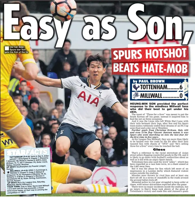  ??  ?? ON THE RISE: Spurs star Son gets his first of the tie