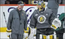  ??  ?? Coach Pete Deboer welcomes back Marc-andre Fleury. The netminder had missed the team’s first three sessions coming out of the lockout.