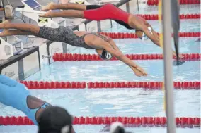  ??  ?? Swimmers dive from the blocks.