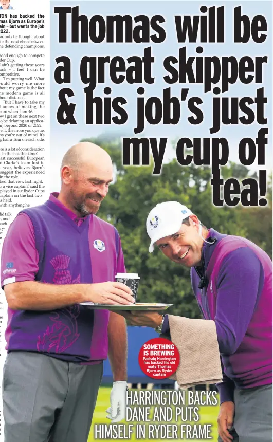  ??  ?? SOMETHING IS BREWING Padraig Harrington has backed his old mate Thomas Bjorn as Ryder captain