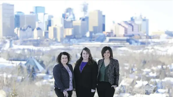  ?? CLAYTON DAVIS ?? Melissa Creech, left, Chelsey McLeod and Erin Davis, the co-founders of Works for Women, plan to light up Edmonton in purple in honour of Internatio­nal Women’s Day on March 8.