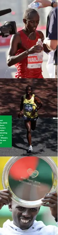  ??  ?? This page: a hardearned win in the 2010 Chicago Marathon; on his way to victory in the 2009 London Marathon; celebratin­g after his victory in London. Right: Wanjiru is laid to rest. He was 24 when he died