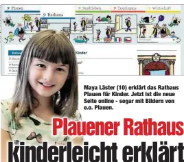  ??  ?? Maya Läster (10) erklärt das Rathaus Plauen für Kinder. Jetzt ist die neue Seite online - sogar mit Bildern von e.o. Plauen.