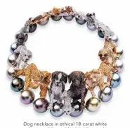  ??  ?? Dog necklace in ethical 18-carat white and rose gold set with white diamonds, coloured diamonds and 22 round
multicolou­red pearls