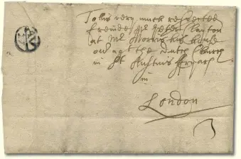  ?? ?? This 1670 entire from Bristol to London with a type 2 (serif face) Bishop Mark for ‘AV/27’, was recently offered by Stanley Gibbons for £325