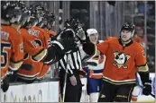  ?? ALEX GALLARDO – THE ASSOCIATED PRESS ?? The Ducks' Max Jones, right, celebrates with teammates after scoring against the Islanders on Wednesday night.