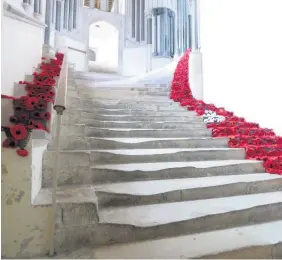  ??  ?? Hand-knitted and crocheted poppies at Wells Cathedral, by Sydney Fear