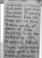  ?? Arkansas Democrat-Gazette/BRYAN HENDRICKS ?? Don and Sarah Clark of Sheridan made two calls for Grant Westmorela­nd with teak decking from the battleship USS Missouri, koa acacia from Hawaii, wormy chestnut from Ohio and other woods.