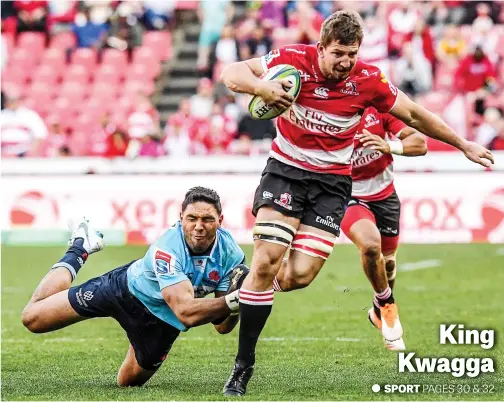  ?? Picture: Gallo Images ?? Man-of-the-Match Kwagga Smith of the Lions breaks clear to score one of his two tries in the Super Rugby semifinal against the Waratahs at Ellis Park on Saturday. The Lions won 44-26 to set up a final against the Crusaders in Christchur­ch on Saturday.