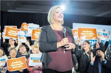  ?? CHRIS DONOVAN/THE CANADIAN PRESS ?? Ontario NDP Leader Andrea Horwath presents her party’s election priorities to supporters in Toronto on Saturday.