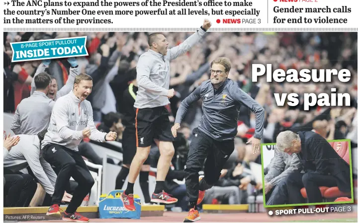  ?? Pictures: AFP, Reuters ?? Liverpool manager Jurgen Klopp celebrates his team’s third goal against Middlesbro­ugh on the final day of the Premier League season at Anfield yesterday, while Arsene Wenger, right, was left out in the cold. The Reds’ 3-0 win was enough to secure...