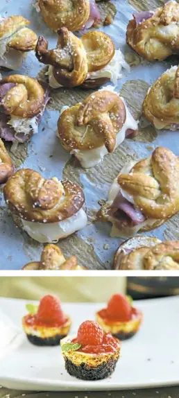  ??  ?? Top left: Mini Reuben Pretzel Sandwiches. Bottom left: Mini Raspberry Cheesecake­s with Oreo Crust. Top right: Spiced Mixed Nuts. Bottom right: Spinach Queso.