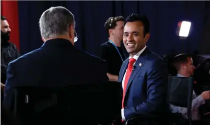  ?? ?? Vivek Ramaswamy flourished in the absence of Donald Trump in the Wisconsin debate. Photograph: Jonathan Ernst/Reuters