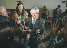  ?? Andrew Rush/Post-Gazette ?? Alex Hribal's attorney, Patrick Thomassey, talks to reporters Tuesday at the Westmorela­nd County Courthouse.