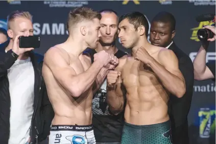  ?? Picture: Gallo Images ?? EYE CONTACT. EFC welterweig­ht champion Dricus du Plessis squares off with Brazilian Jose da Rocha at the weigh-in for EFC59 at Carnival City yesterday.