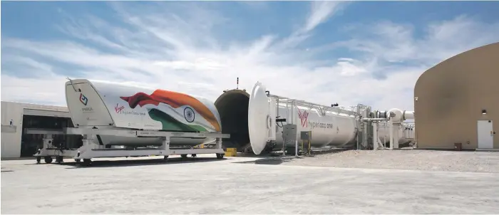  ??  ?? A view of Virgin’s Hyperloop One. Conceived by entreprene­ur Elon Musk in 2013, the system uses electromag­nets to propel pods through low-pressure tubes at speeds of up to 1,200kph Hyperloop One