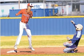  ?? JIM THOMPSON/JOURNAL ?? West Mesa’s second baseman Beto Ramirez, left, gets ready to make the tag on Manzano’s AJ Urquieta as tries to steal in their game on Wednesday.