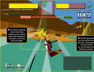  ??  ?? ■ This particular helicopter fires six non-locking missiles at a time, with the smoke trails indicating the V formation in which they travel and explode.
■ In Expert mode you have freedom to fly around the environmen­t, dodging between the cranes if you desire, but you can never escape your adversary.
■ This timer gauge tells you how long you have left in your current phase – we’re just about to turn over the phase from attacking to guarding.
■ The bottom-right zone on the HUD is reserved for short-term informatio­n – warnings to take evasive action, or the always-welcome hit confirmati­ons.