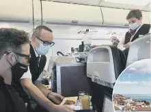  ??  ?? Staff serving food on the first BA holiday flight to Lisbon and inset, the Portugese capital