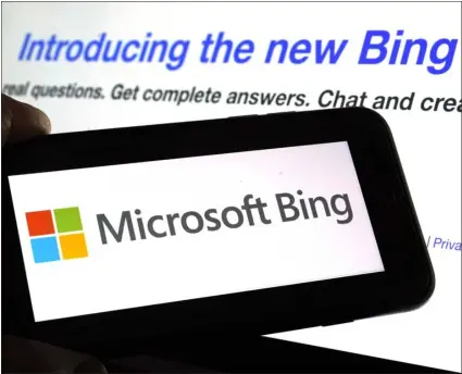  ?? RICHARD DREW — THE ASSOCIATED PRESS ?? The Microsoft Bing logo and the website’s page are shown in this photo taken in New York on Feb. 7. Microsoft is ready to take its new Bing chatbot mainstream — less than a week after making major fixes to stop the artificial­ly intelligen­t search engine from going off the rails.