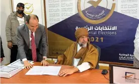  ?? Photograph: Khaled Al-Zaidy/Reuters ?? Saif al-Islam al-Gaddafi, son of Muammar al-Gaddafi, registers as a candidate in the southern city of Sebha.