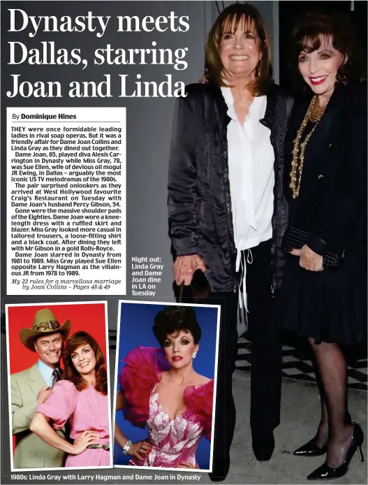  ??  ?? Night out: Linda Gray and Dame Joan dine in LA on Tuesday 1980s: Linda Gray with Larry Hagman and Dame Joan in Dynasty